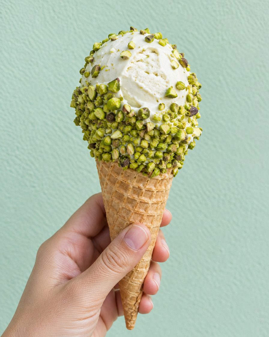 A wafer cone of white bouza covered in crushed pistachio, held up against a mint-green wall