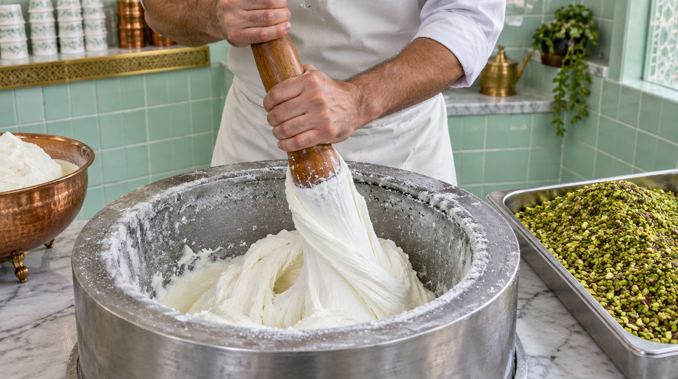 Bouza being pounded with a long wooden mallet in a frozen steel drum, beside a tray of crushed pistachio