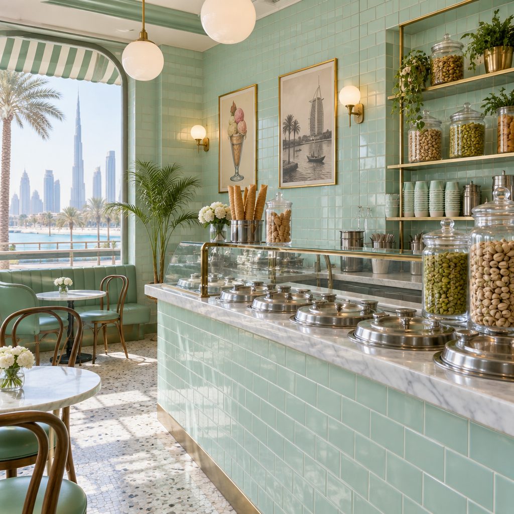 The parlour: a mint-tiled counter lined with jars of pistachio, and the Dubai skyline through the window
